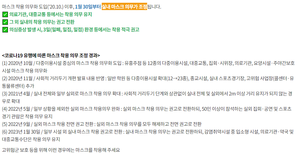 마스크 착용 의무화 도입('20.10.) 이후, 1월 30일부터 신내 마스크 의무가 조정됩니다.  의료기관, 대중교통 등에서는 착용 의무 유지  그 외 실내의 착용 의무는 권고 전환  의심증상 발생 시, 3일(밀폐, 밀집, 밀접) 환경 등에서는 착용 적극 권고