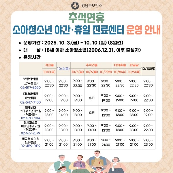 2025년 추석연휴 소아청소년 야간·휴일 진료센터 운영 안내 게시글 썸네일