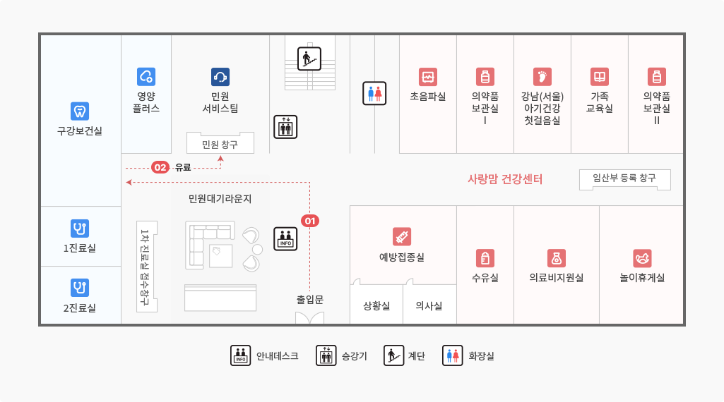 진료 장소는 1층 구강 보건실입니다. 출입문에 들어오셔서 민원대기라운지 왼쪽편에 구강보건실이 위치 해 있습니다.